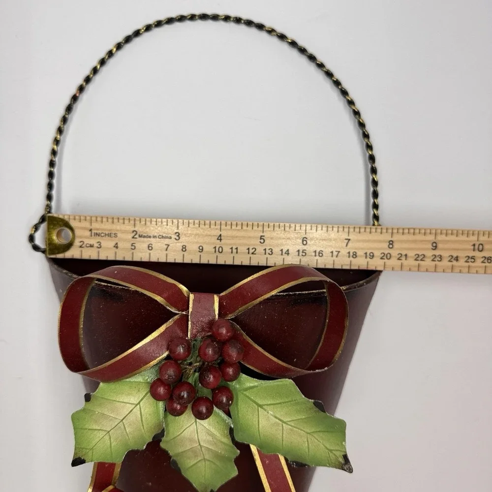 Vintage Metal‎ Wall Pocket Christmas Decor Basket Holly Berries Hanging
